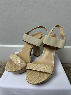 Beige Textured Block Heel Sandals with Ankle Strap